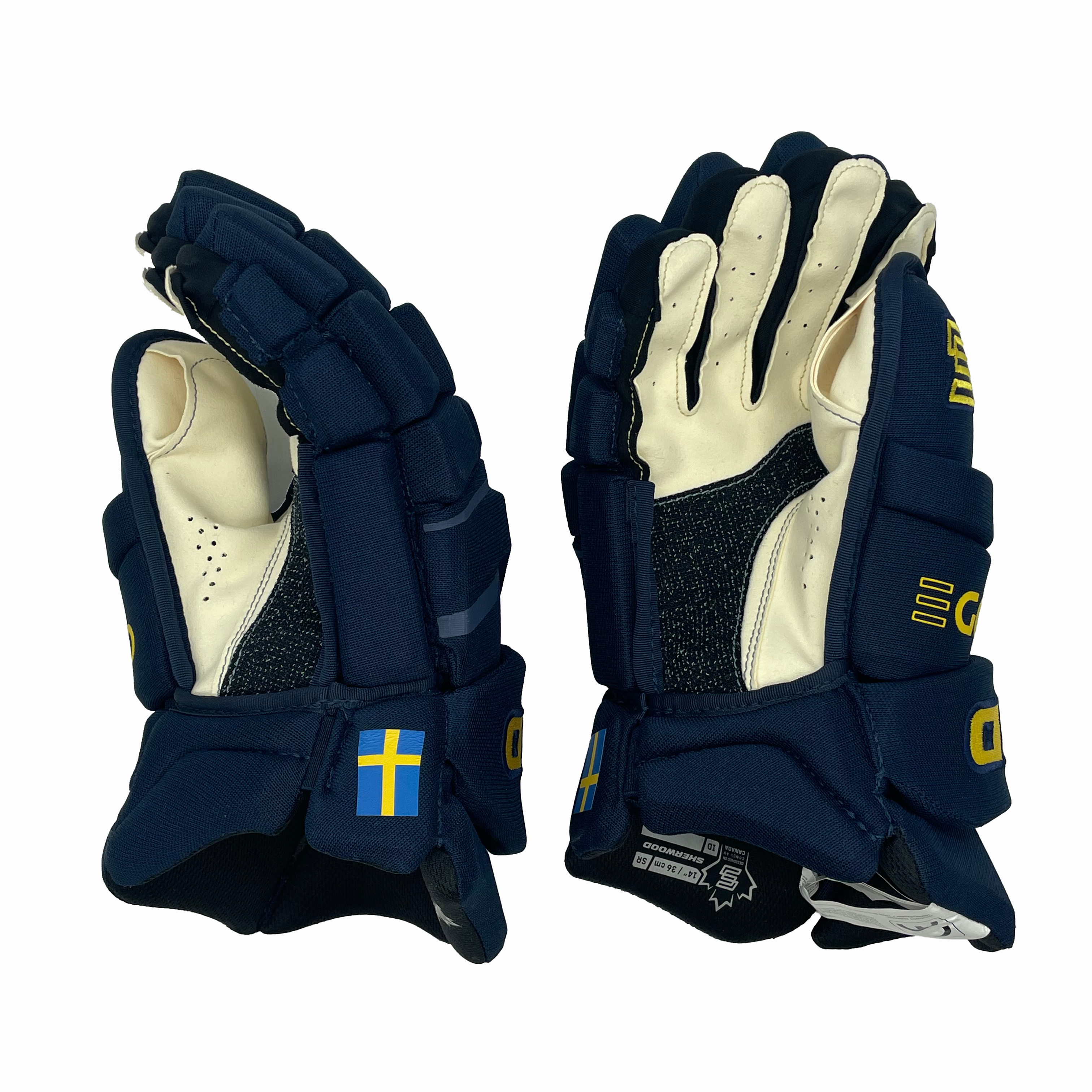 Sherwood Code Encrypt Pro – Gants NHL Pro Stock – Équipe de Suède Tournoi des 4 Nations (bleu marine/jaune)